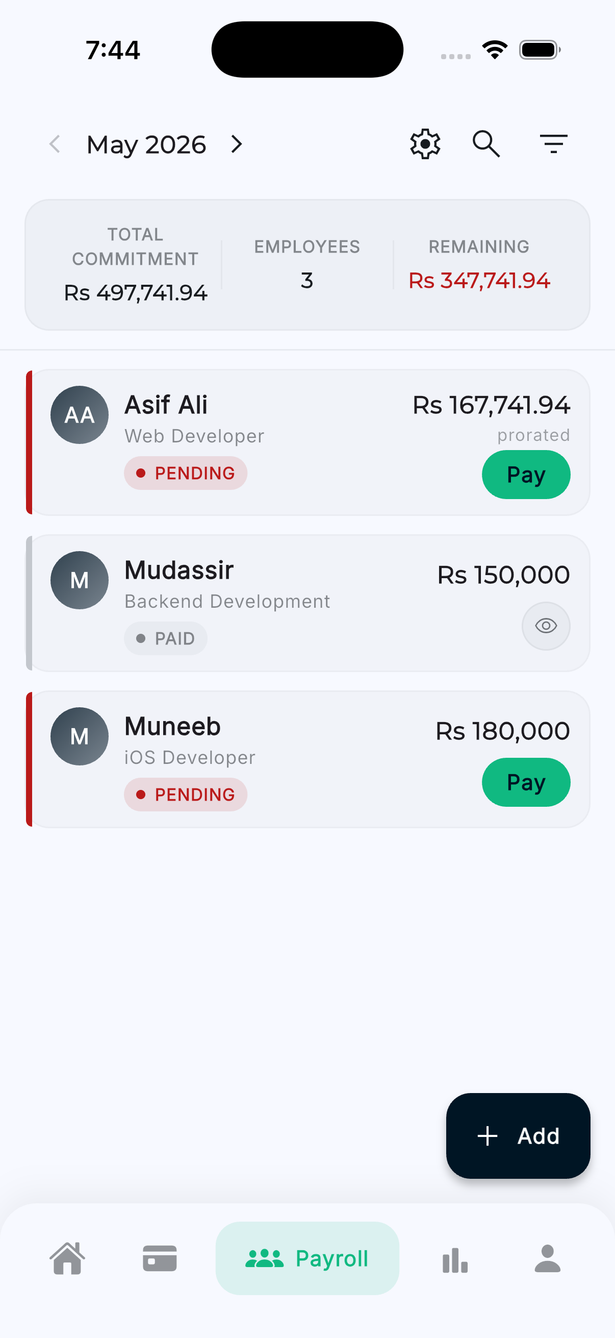 Payroll management screen
